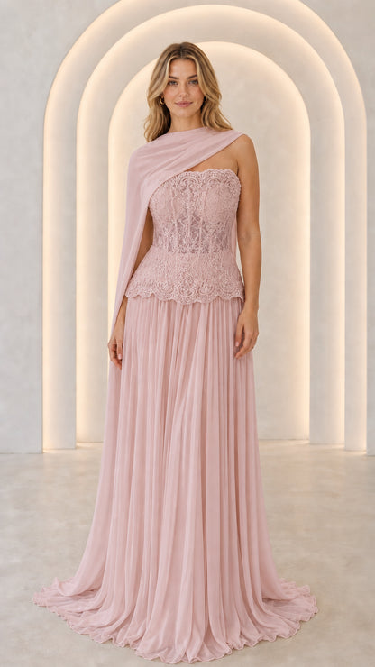 Dusty pink strapless lace corset pleated evening gown with shoulder scarf drape