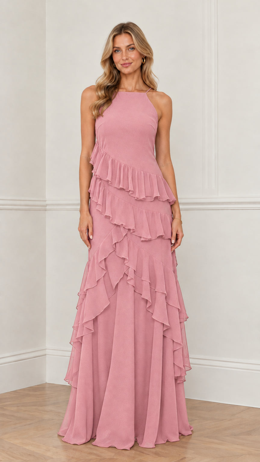 Model wearing dusty pink halter tiered ruffle bridesmaid dress
