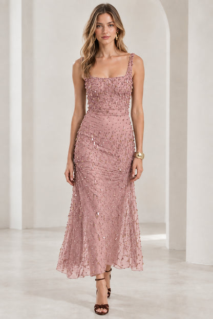 Front view of model wearing dusty pink beaded sleeveless formal dress