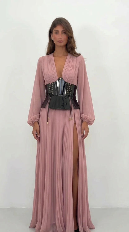 Dusty Pink pleated deep V-neck corset maxi evening dress