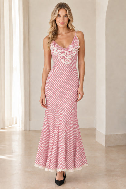 Pink and white striped ruffle mermaid slip maxi dress