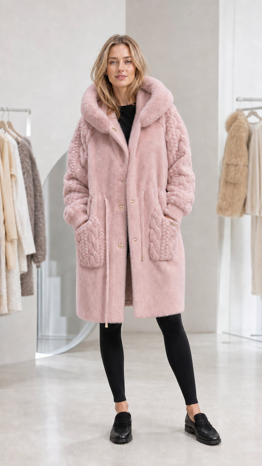 Dusty pink women's longline hooded faux fur coat