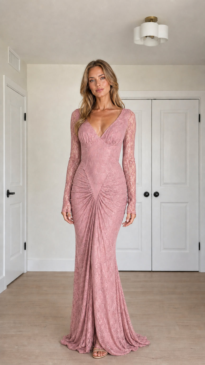 Front view of dusty pink floral lace long sleeve evening gown
