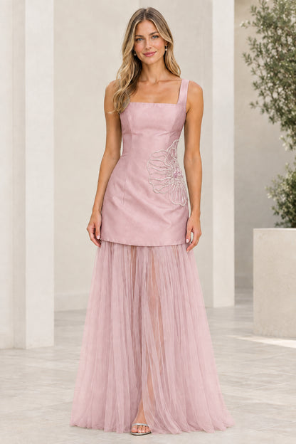 Front view of blush pink embroidered square neck gown with sheer tulle skirt