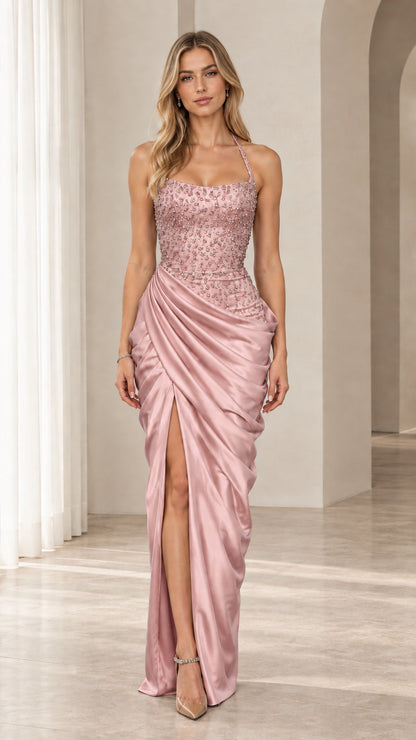 Front view of dusty rose pink beaded bodice draped satin formal dress