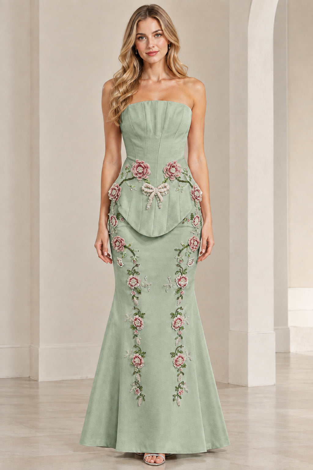 Sage Green strapless floral embroidered mermaid evening dress on model
