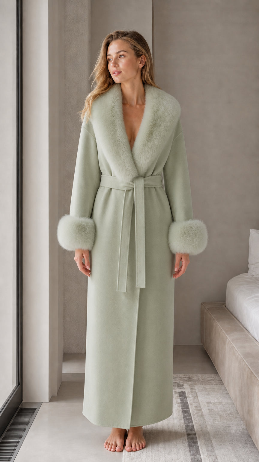 Sage green full-length wrap robe with soft plush fur accents