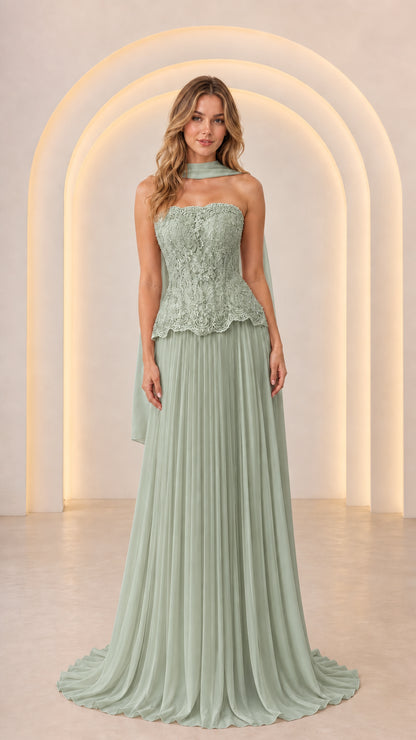 Front view of Sage Green strapless lace peplum evening dress with pleated skirt and neck scarf