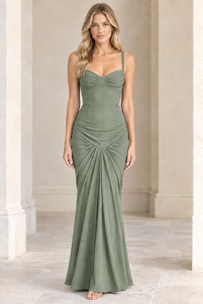 Front view of model wearing Sage Green sweetheart ruched mermaid maxi dress