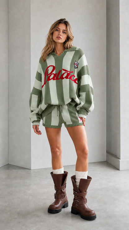 Model wearing sage green and mint striped knit polo sweater and shorts set