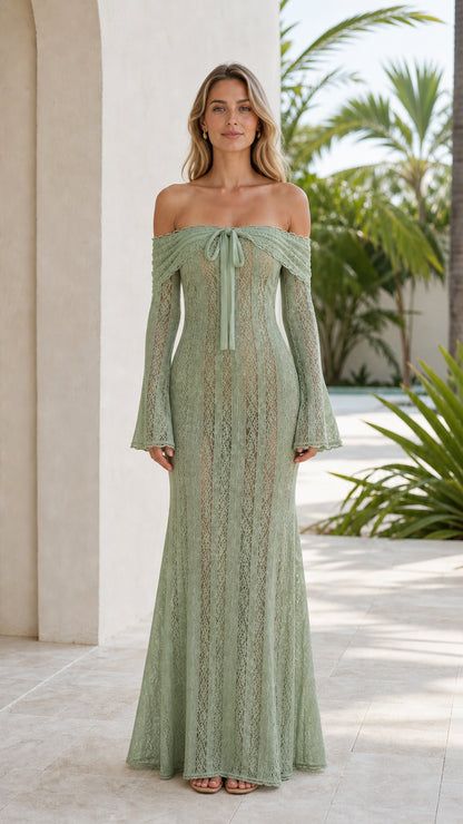 Model wearing sage green off-the-shoulder sheer maxi dress