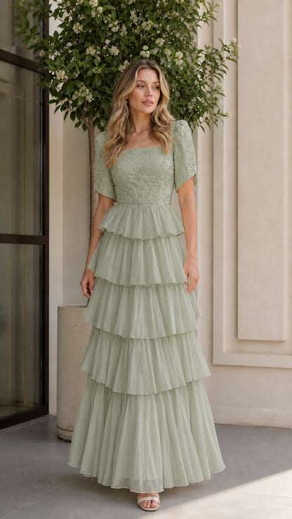Sage green tiered tulle formal maxi dress with floral bodice