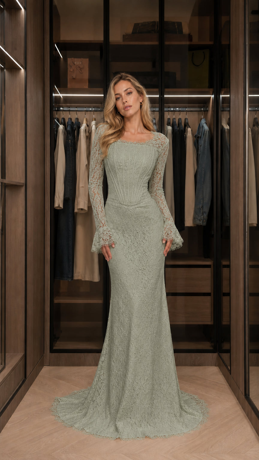 Sage green lace formal evening dress with long flared sleeves