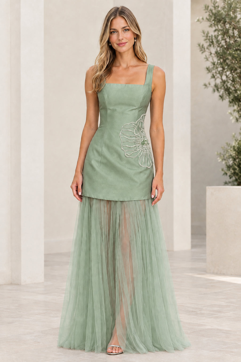 Front view of sage green square neck maxi dress with embroidered detail