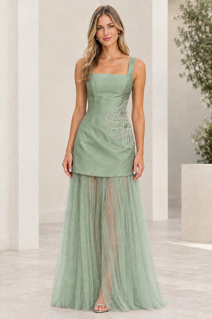 Front view of sage green square neck maxi dress with embroidered detail