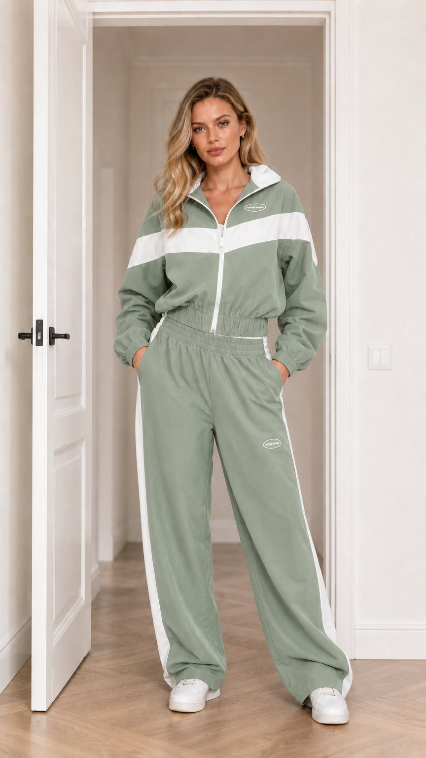 Model wearing Sage Green colorblock two-piece tracksuit set