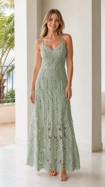 Sage green floral lace sleeveless maxi dress front view on model