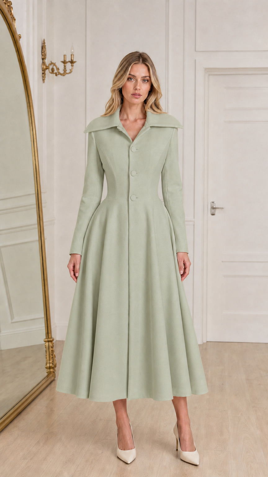 Model wearing sage green wide collar fit and flare midi coat dress