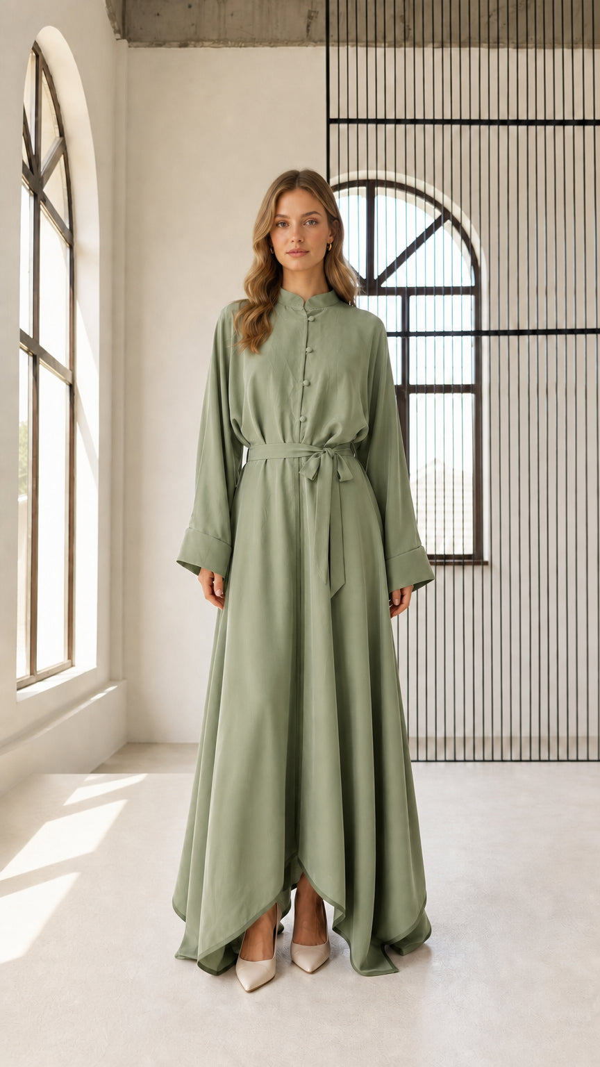 Front view of woman wearing sage green long sleeve belted maxi dress