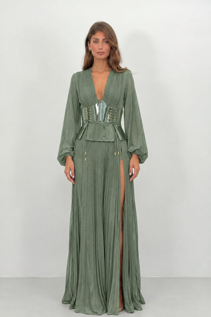 Sage Green pleated long sleeve corset gown with high slit