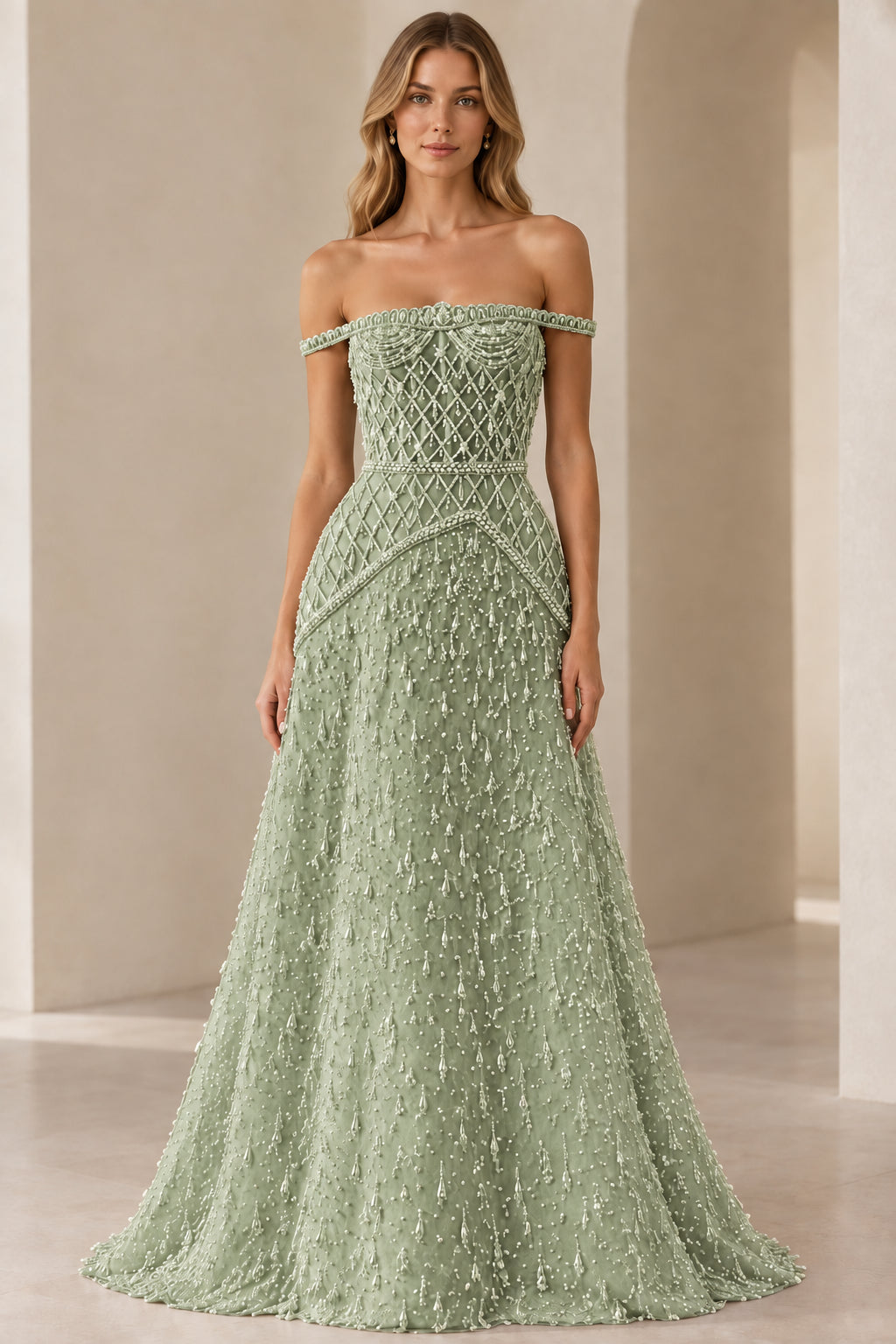 Sage green off-shoulder pearl beaded evening gown