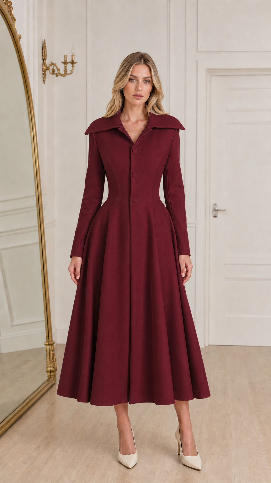 Model wearing burgundy wine red long sleeve midi coat dress
