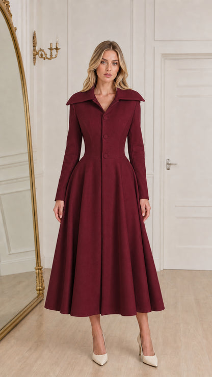 Model wearing burgundy wine red long sleeve midi coat dress