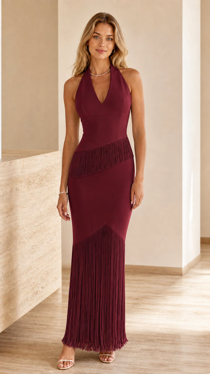 Burgundy Wine Halter Neck Sleeveless Fringe Evening Dress