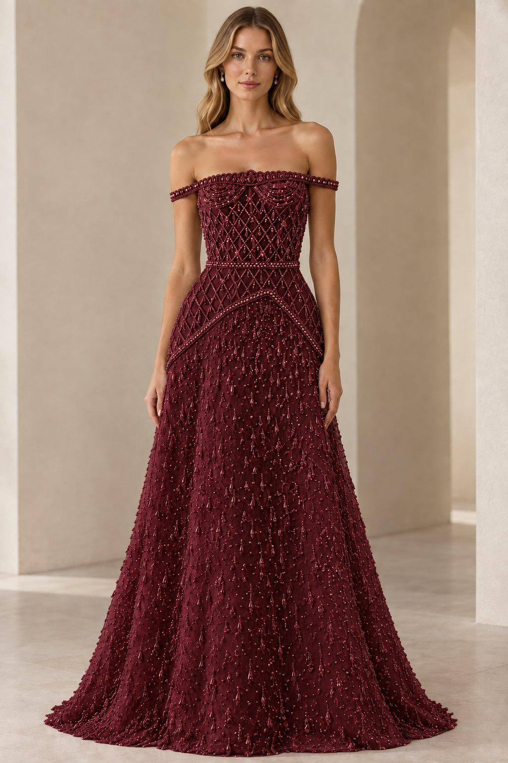 Burgundy wine red off-shoulder beaded formal gown