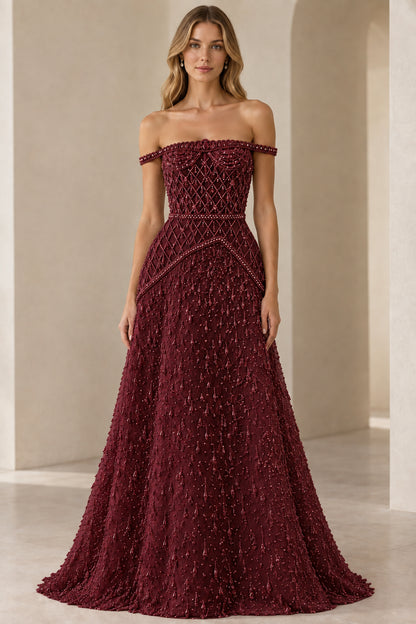 Burgundy wine red off-shoulder beaded formal gown