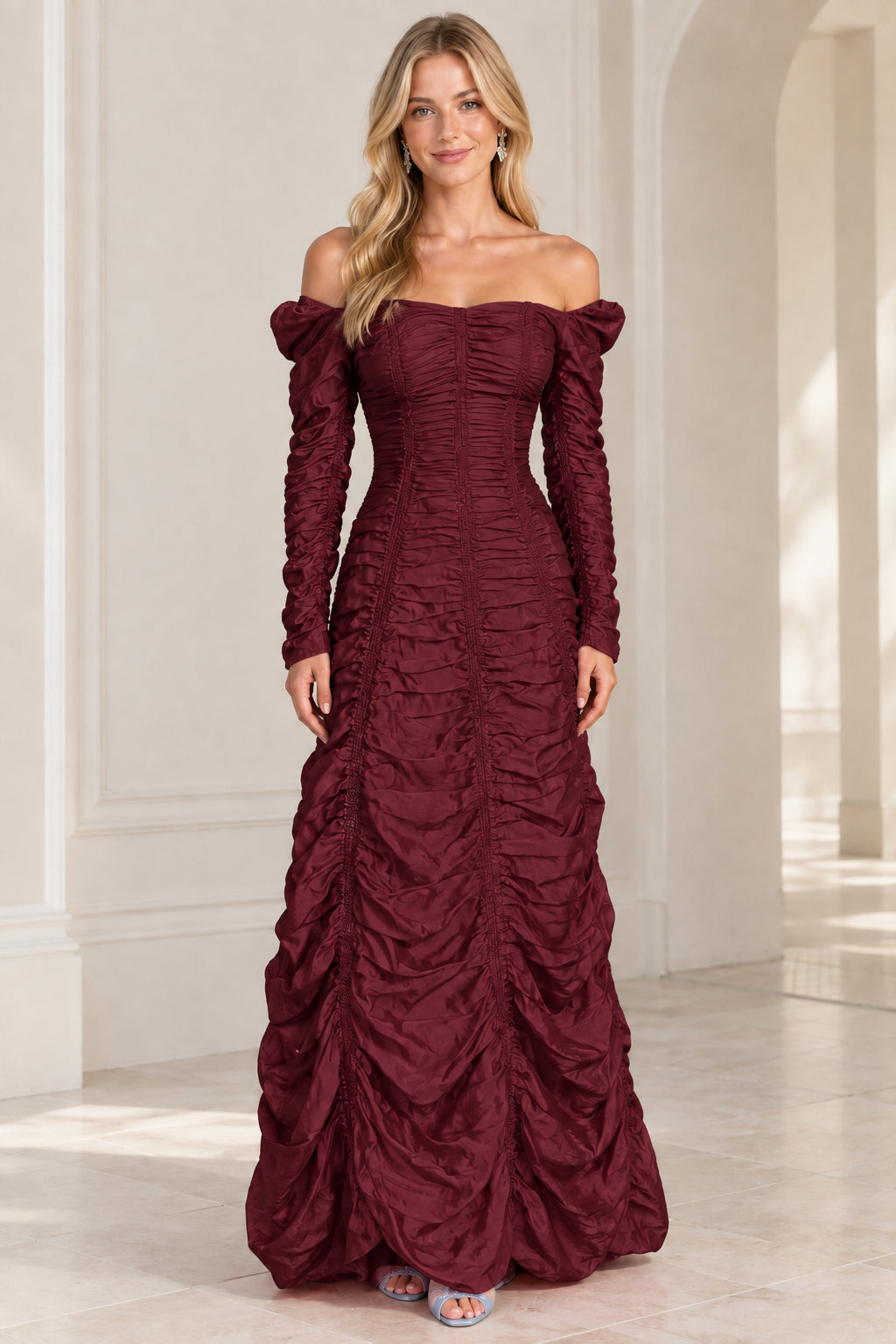 Front view of burgundy wine off-the-shoulder ruched formal maxi dress