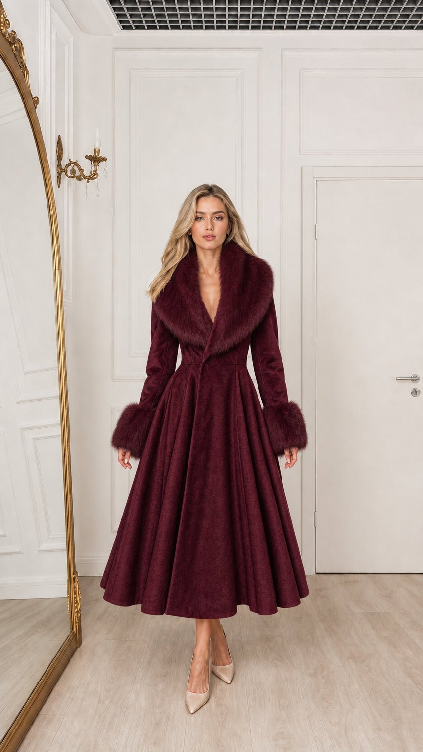 Model wearing burgundy wine red fit and flare midi coat with faux fur trims