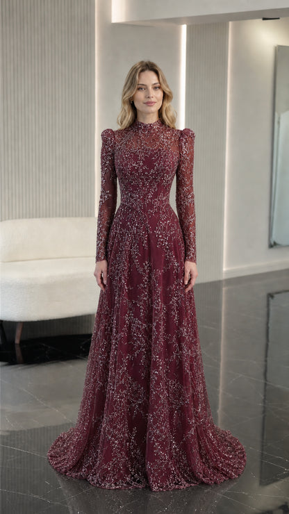 Burgundy wine red long sleeve sequin evening dress