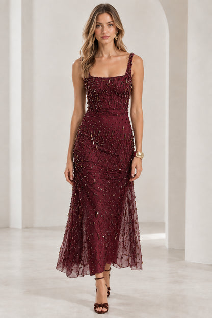 Front view of model wearing burgundy wine beaded maxi evening dress