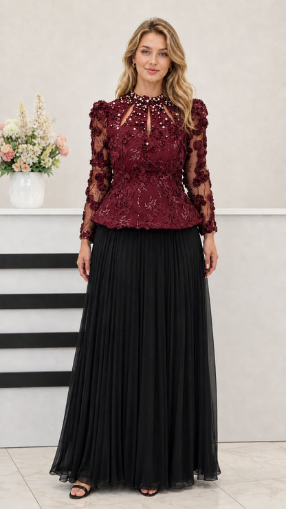 Burgundy wine lace peplum bodice with black pleated floor-length gown