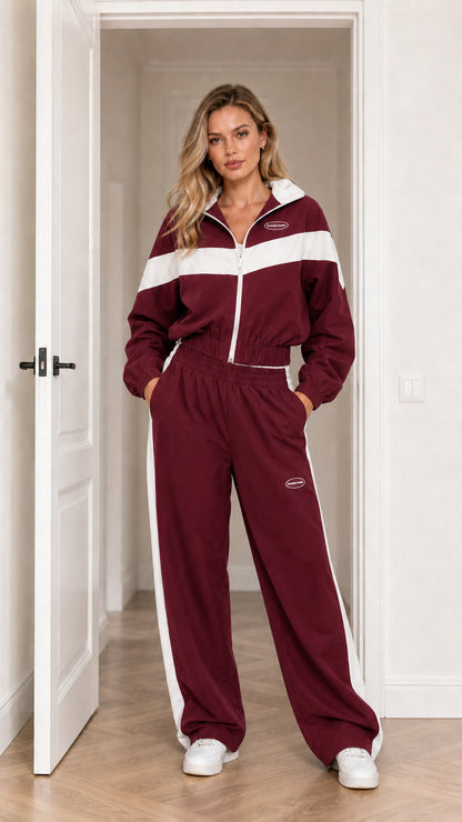 Model wearing Burgundy colorblock two-piece sporty loungewear set