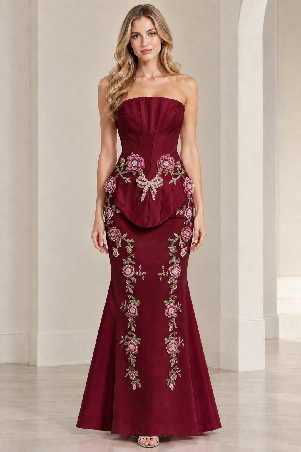 Burgundy wine red strapless embroidered mermaid evening gown on model