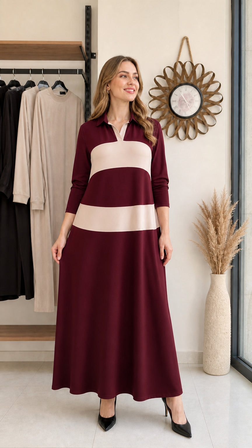 Woman wearing burgundy wine and beige colorblock long sleeve polo maxi dress