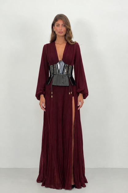 Burgundy deep V-neck pleated corset maxi dress