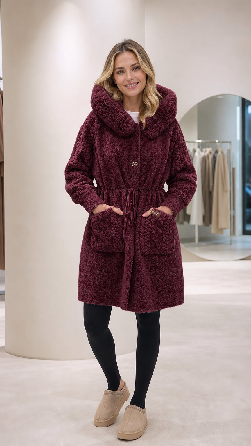 Front full-length view of woman wearing burgundy hooded plush fleece coat