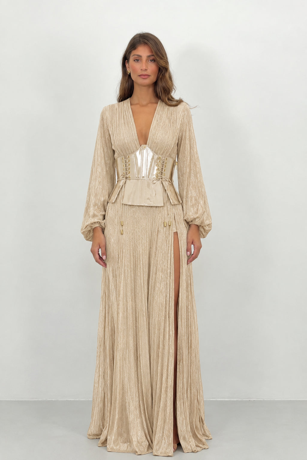 Champagne pleated evening gown with lace-up waist corset