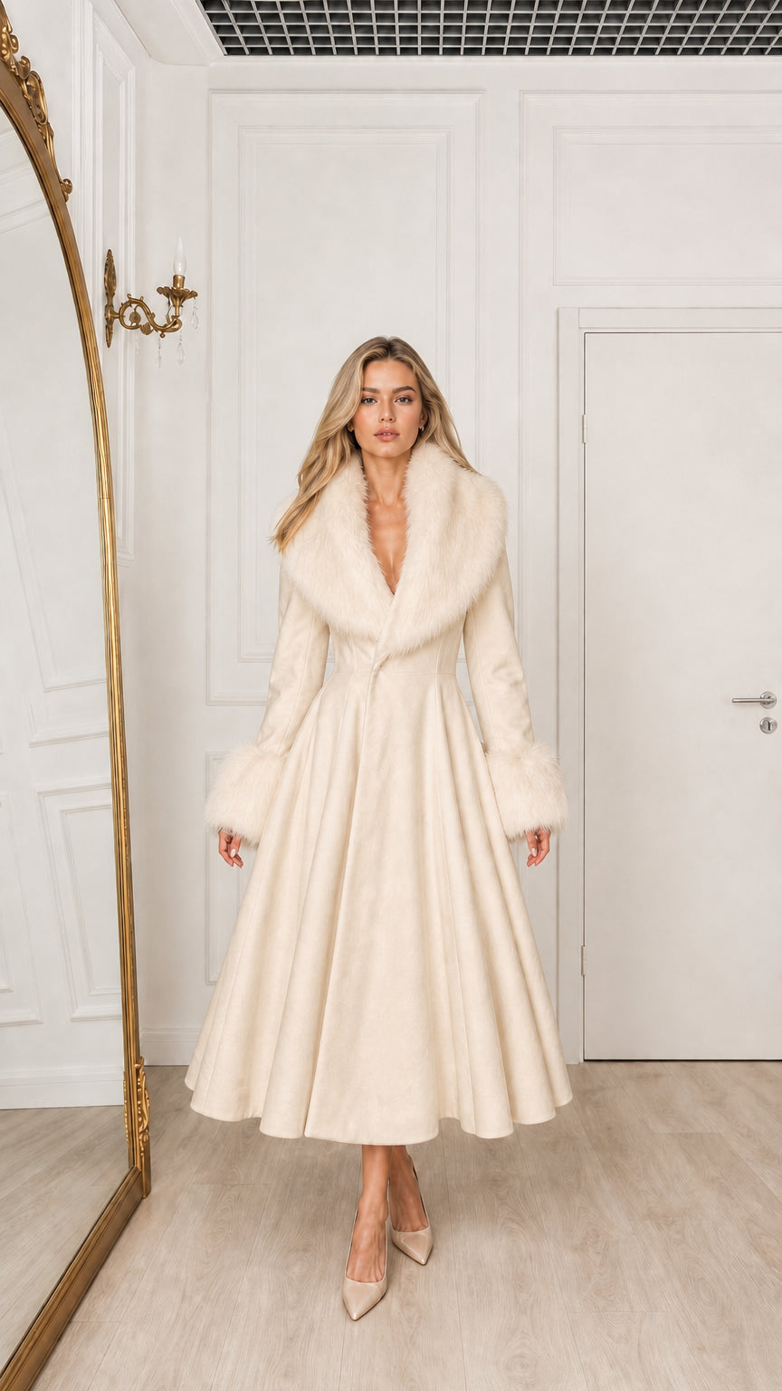 Model wearing cream champagne elegant midi coat with matching plush fur trim
