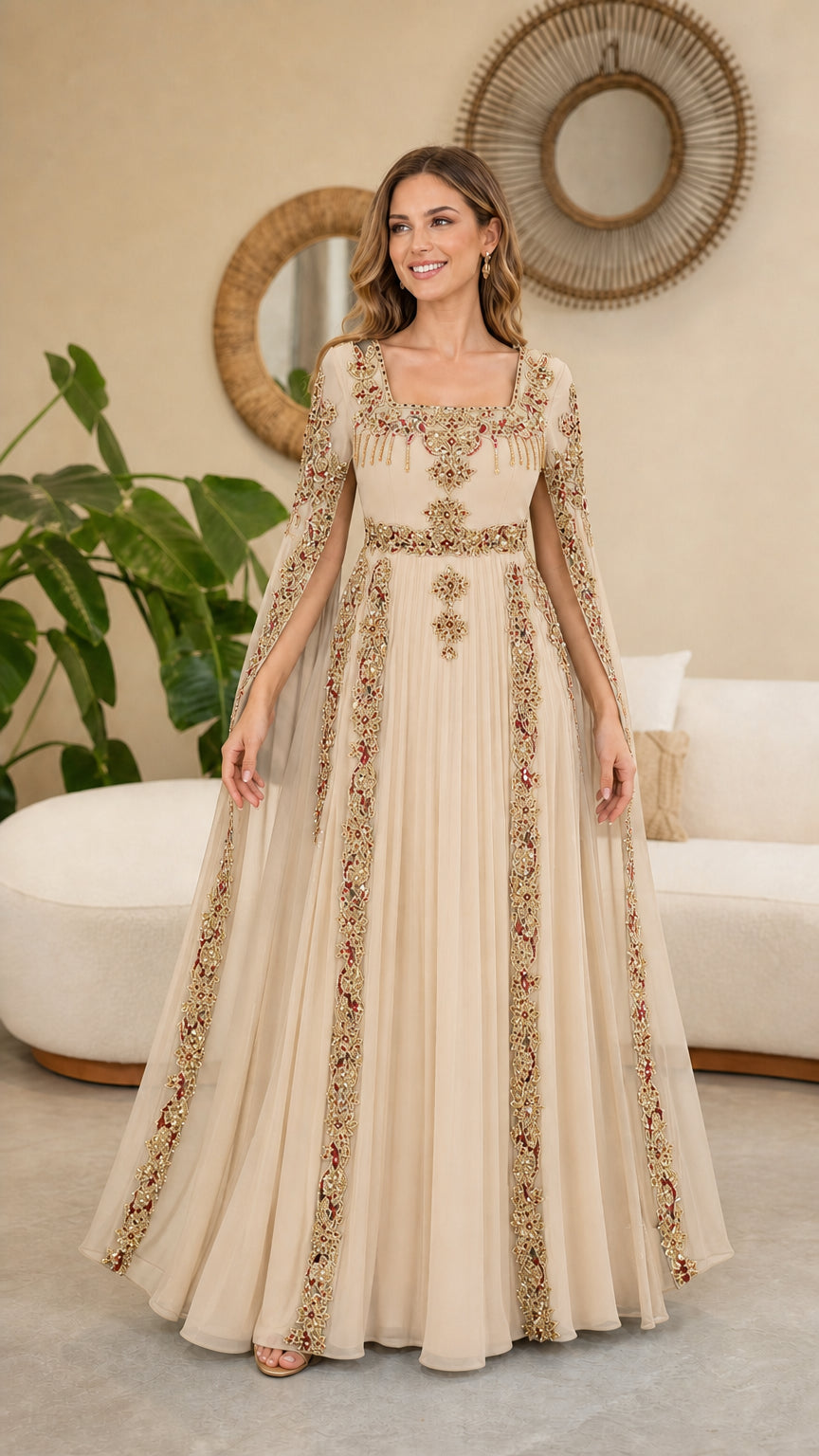 Model wearing Champagne beige embroidered cape sleeve evening gown