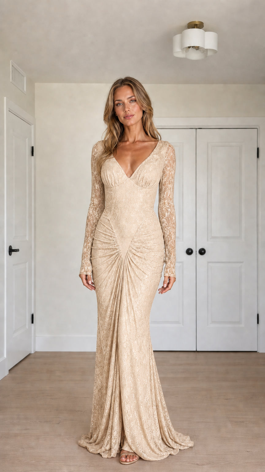Front view of champagne beige long sleeve lace evening maxi dress