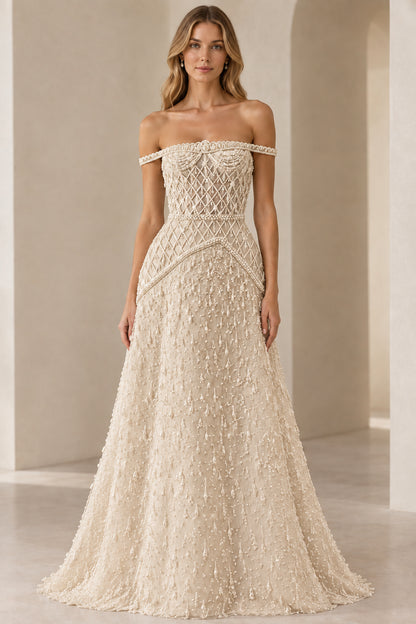 Champagne cream pearl beaded off-shoulder evening dress