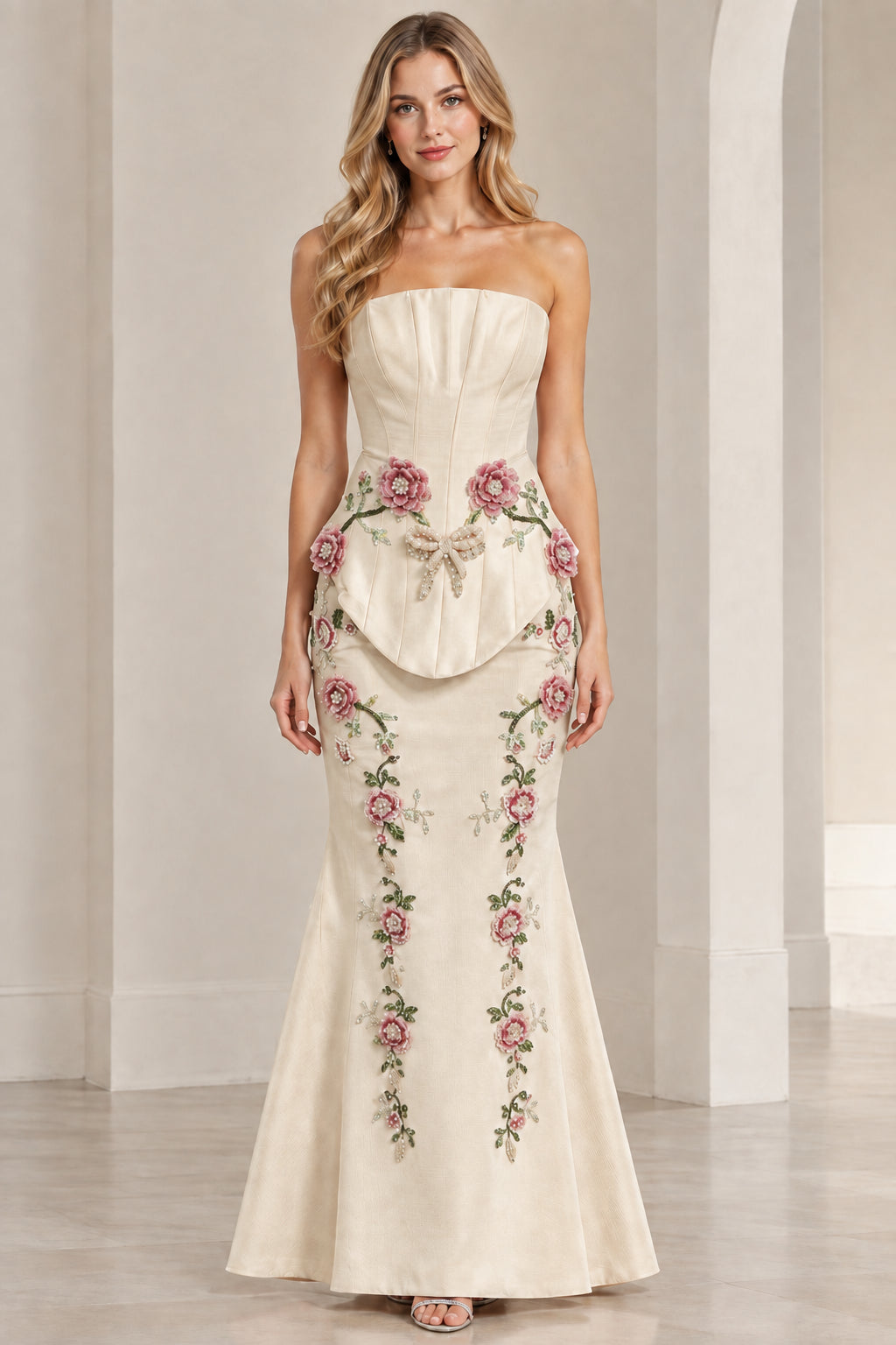 Champagne cream strapless floral embroidered mermaid evening gown on model