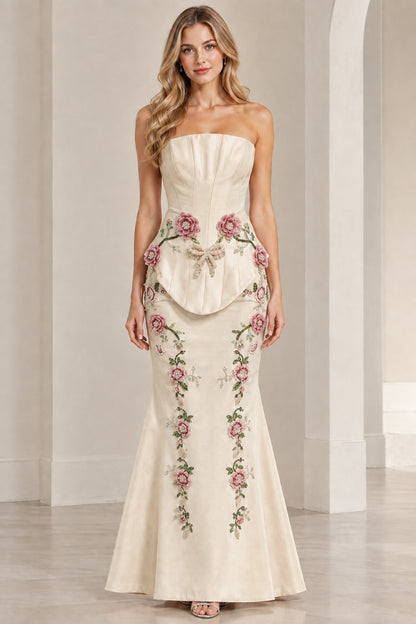 Champagne cream strapless floral embroidered mermaid evening gown on model