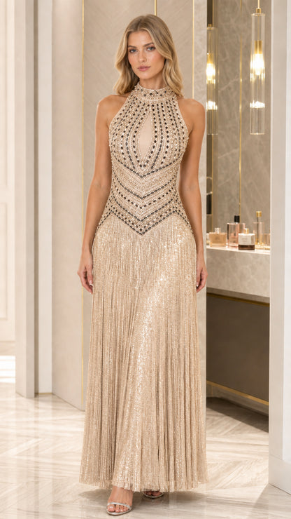 Champagne embellished halter fringe maxi evening gown