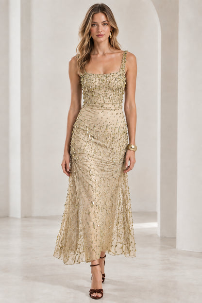 Front view of model wearing champagne gold beaded square neck gown