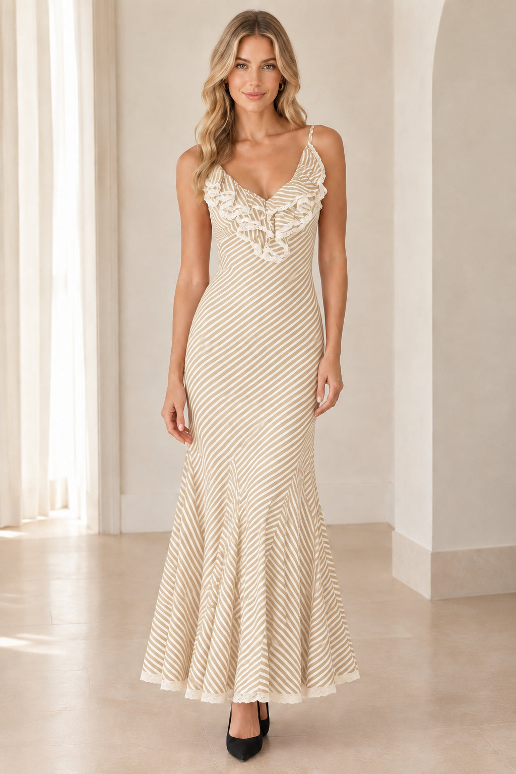 Beige and white striped ruffle V-neck mermaid maxi gown